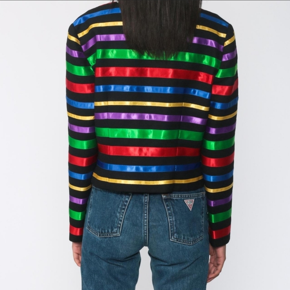 Maggy London Vintage 90s  Futuristic Rainbow Ribbon Striped Blazer Jacket 8